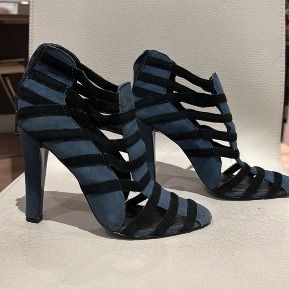 Rebecca Minkoff Blue and Black Cage Suede Heel Booties - Picture 1 of 6